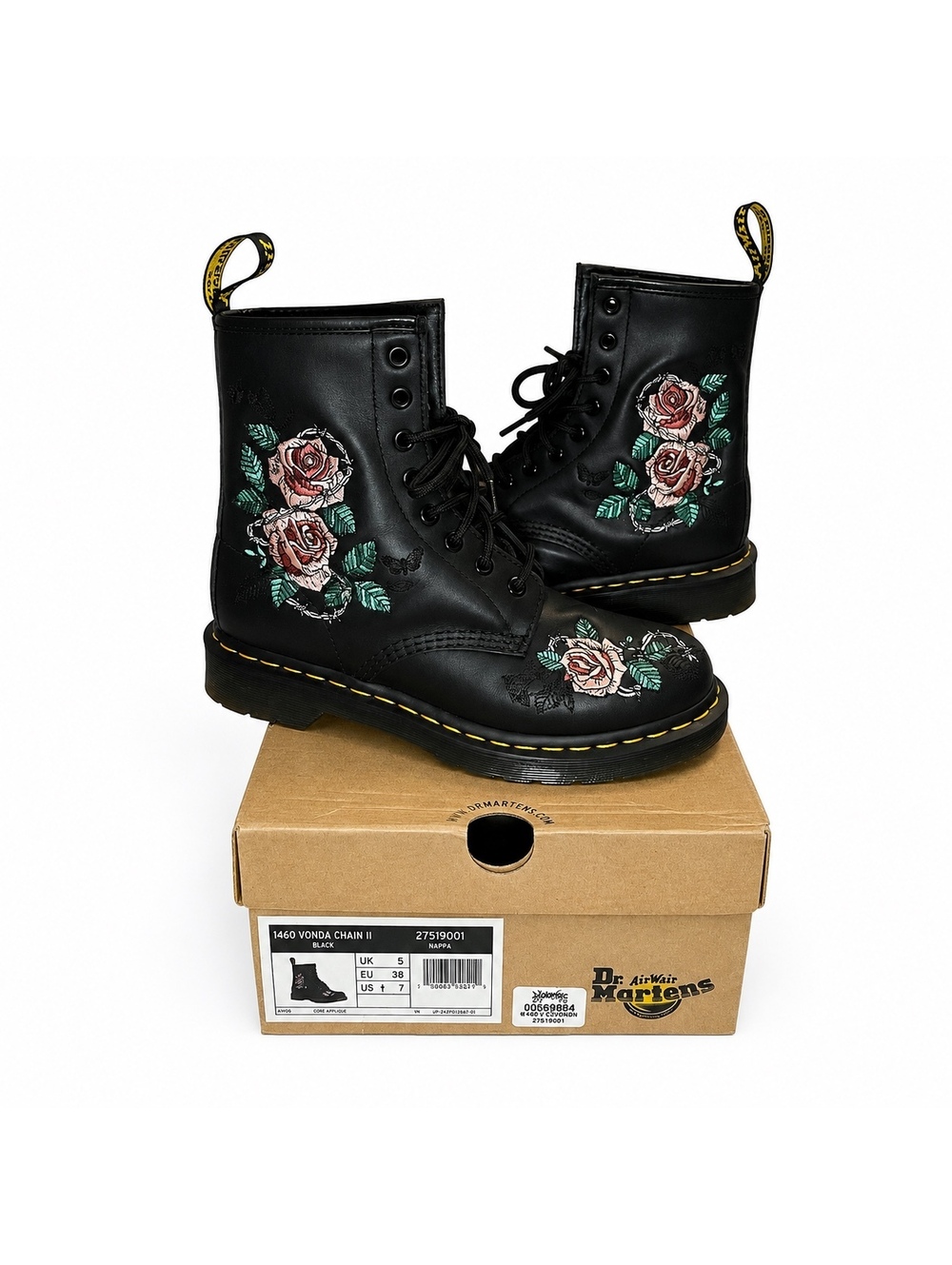 Dr. Martens 1460 Vonda Chain II Black Rose Embroidered Boots Women’s Size 7